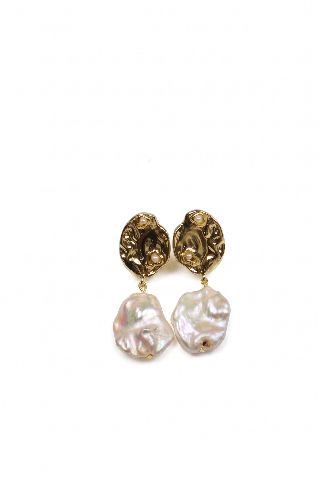 Molten Textured Metal with Micro-Inlaid Seed Pearls and Statement Baroque Pearl Drop Earrings alternate view