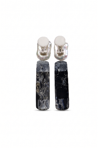 Baroque Pearl & Black Palm Root Agatized Fossil Earrings alternate view