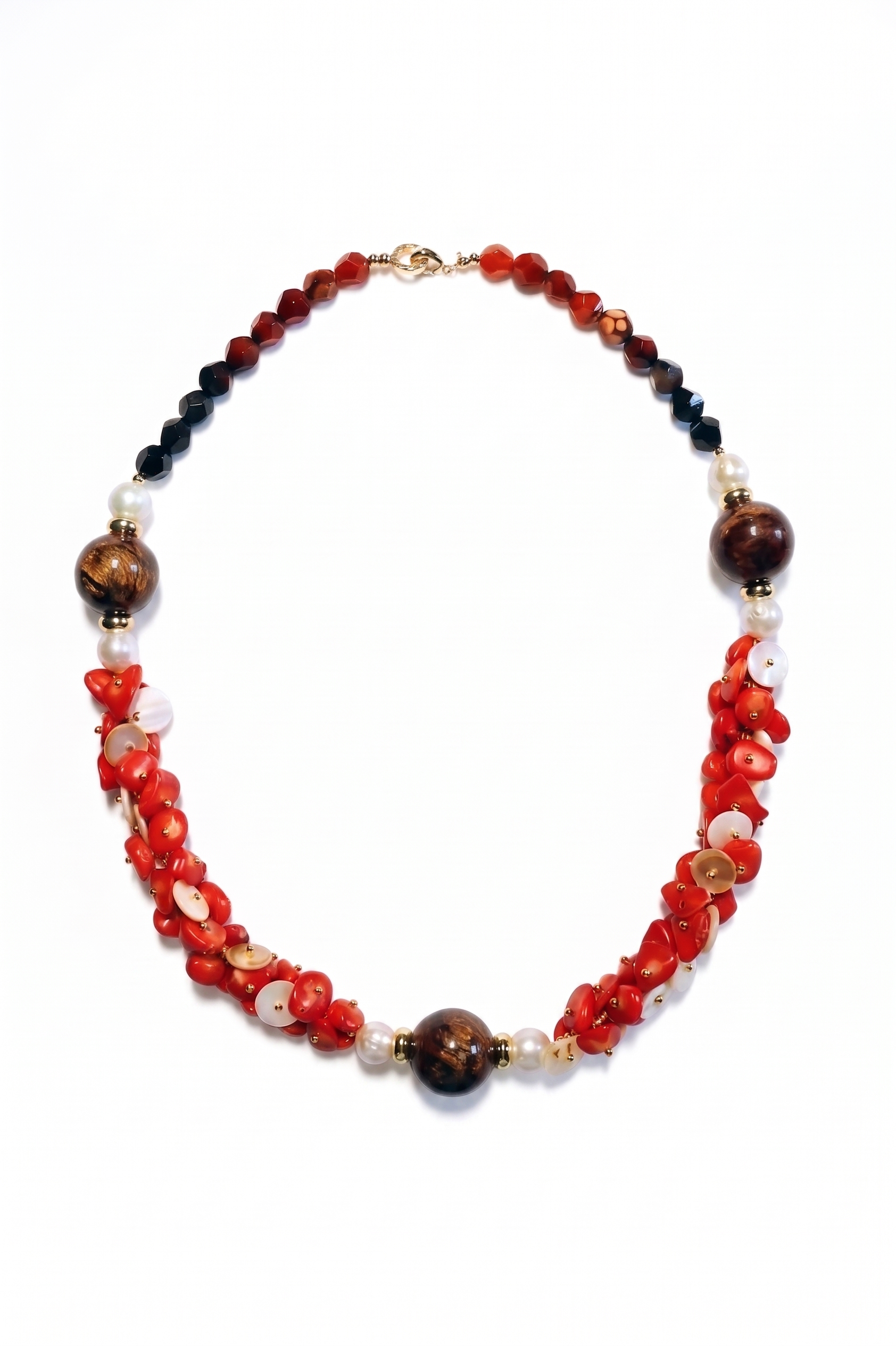Coral & Pearl Beaded Necklace with Wood Accents