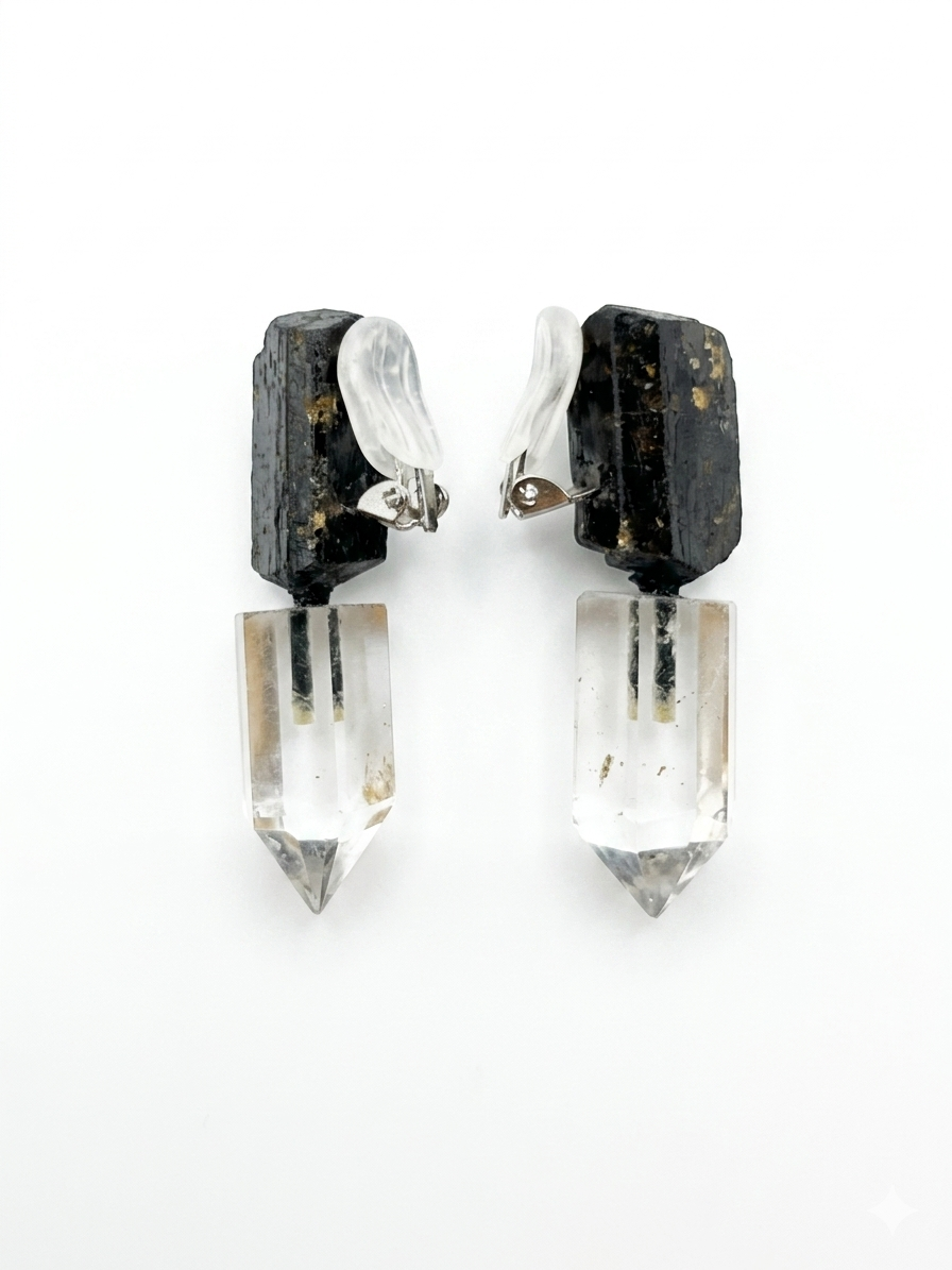 Black Tourmaline & Clear Quartz Crystal Dangle Earrings — image 2