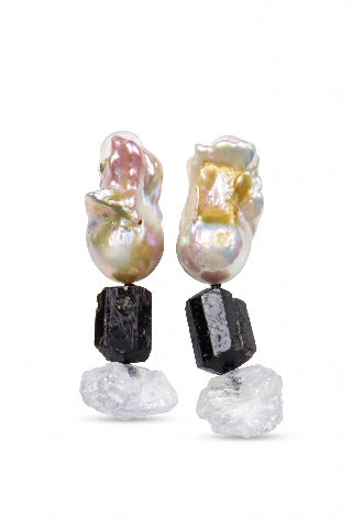 Baroque Pearl Black Tourmaline Raw Rainbow Moonstone Drop Earrings