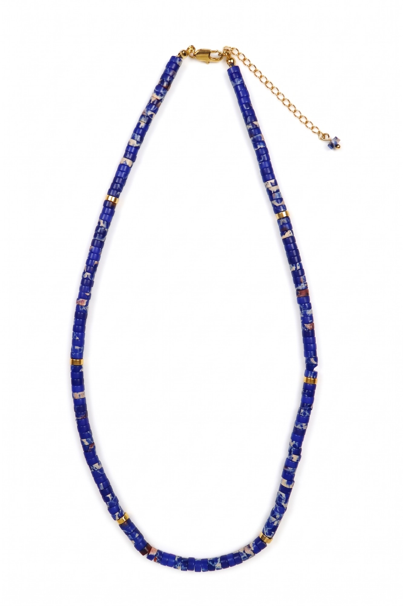 Blue Beaded Choker Necklace with Gold Accents — image 1