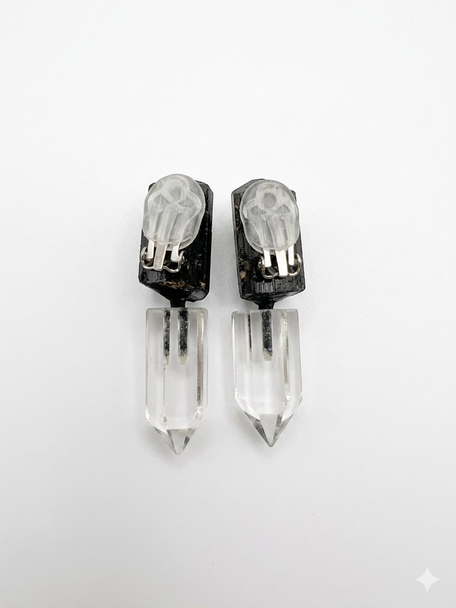 Black Tourmaline & Clear Quartz Crystal Dangle Earrings — image 3