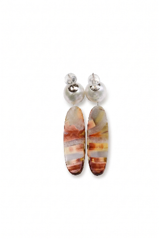 Freshwater Pearl& Orange Agatized Fossil Wood Elongated Oval Earrings alternate view