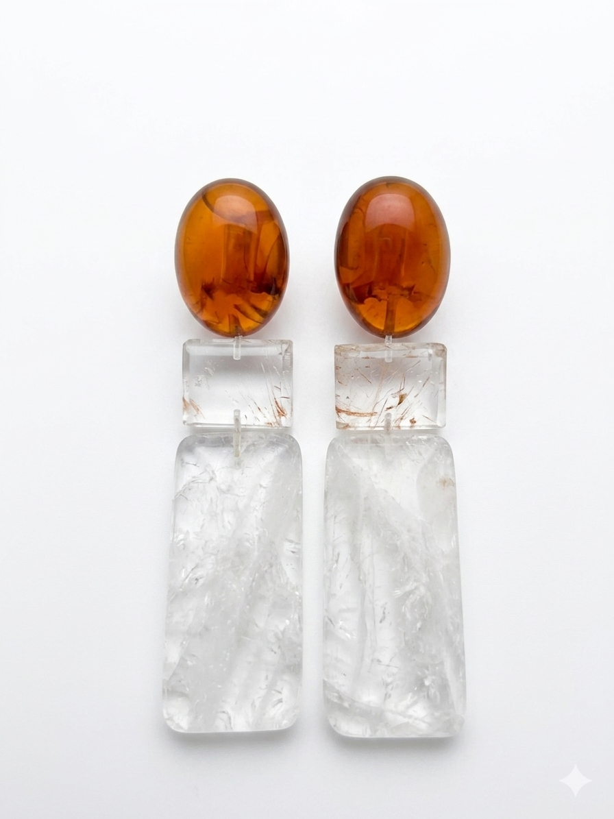 Amber & Rutilated Quartz Dangle Earrings