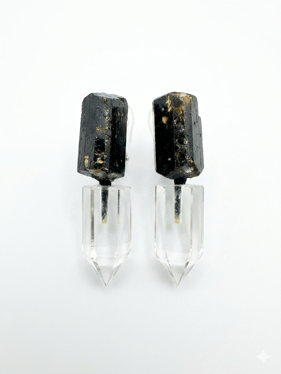 Black Tourmaline & Clear Quartz Crystal Dangle Earrings