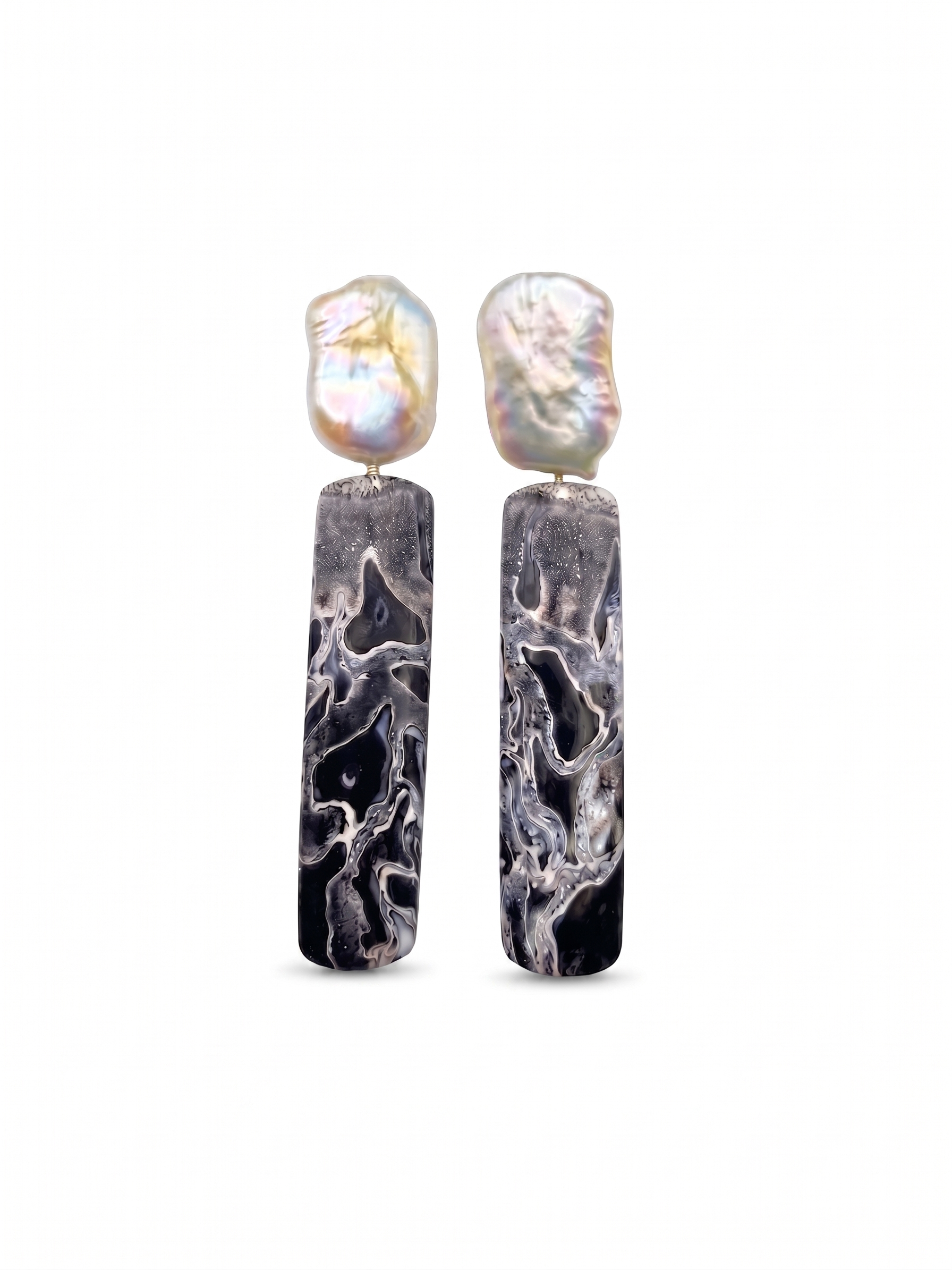 Baroque Pearl & Black Palm Root Agatized Fossil Earrings