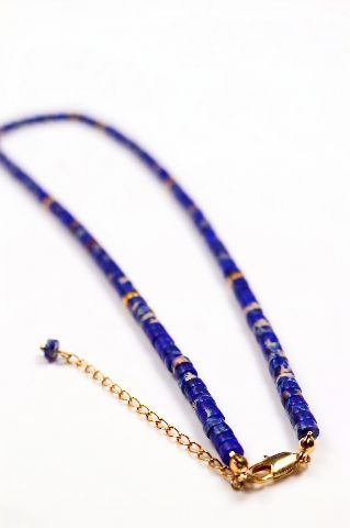 Blue Beaded Choker Necklace with Gold Accents alternate view