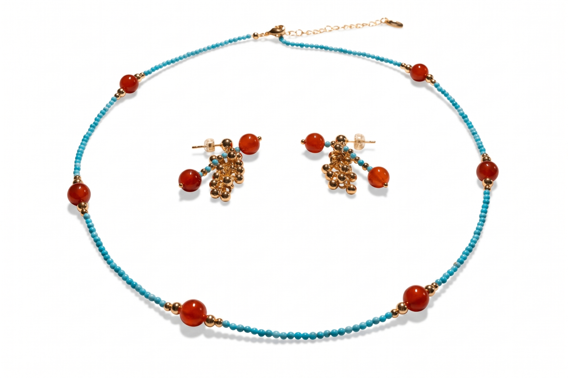 Turquoise & Carnelian Beaded Gold Necklace Set — image 2