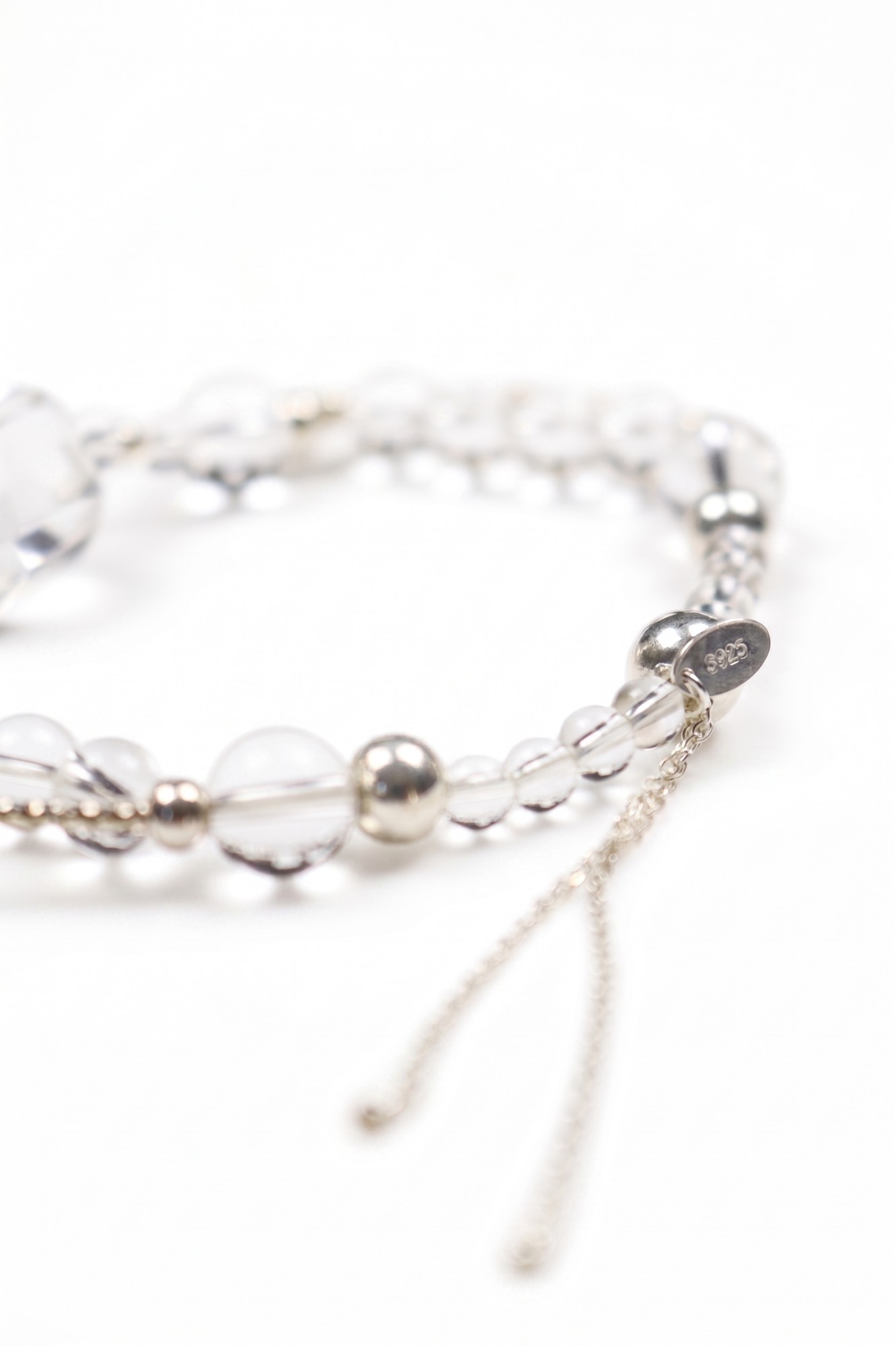 Clear Bead & Silver Tone Adjustable Bracelet with Faceted Ch — image 4