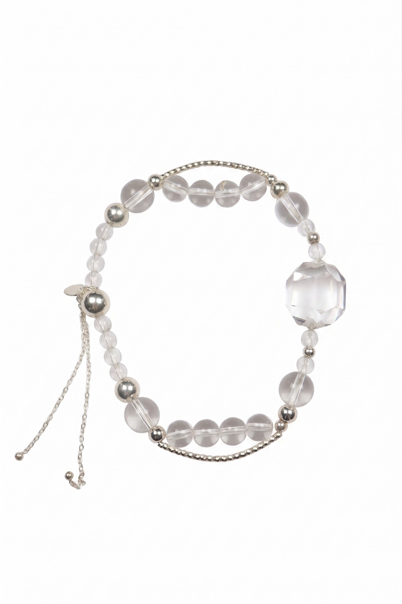 Clear Bead & Silver Tone Adjustable Bracelet with Faceted Ch — image 1