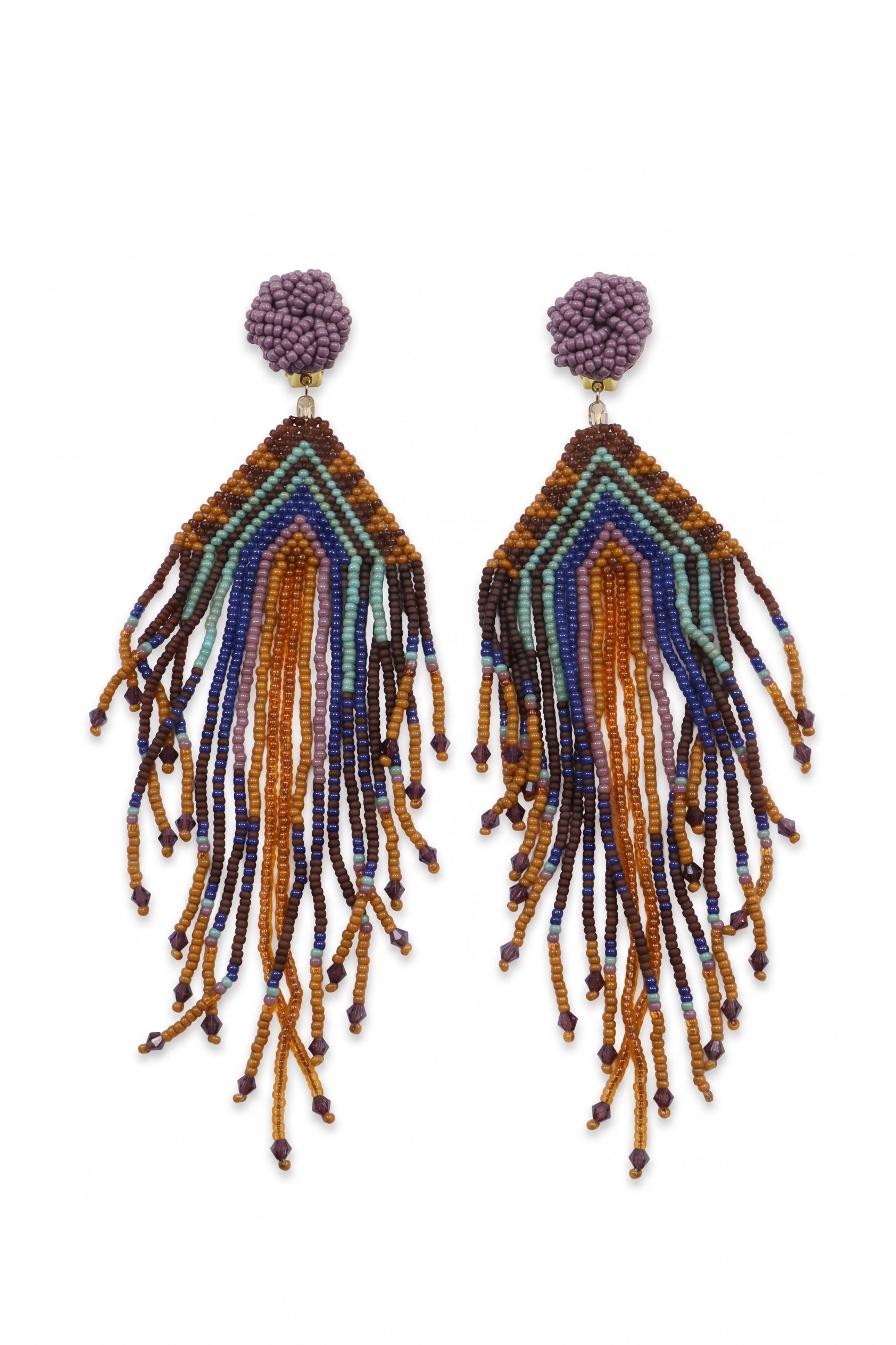 Desert Cascade — Native American Style Hand-Woven Seed Bead Fringe Clip-on Earrings — image 1