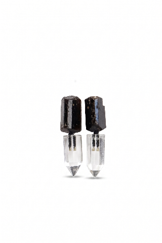 Raw Black Tourmaline & Clear Quartz Obelisk Dangle Earrings