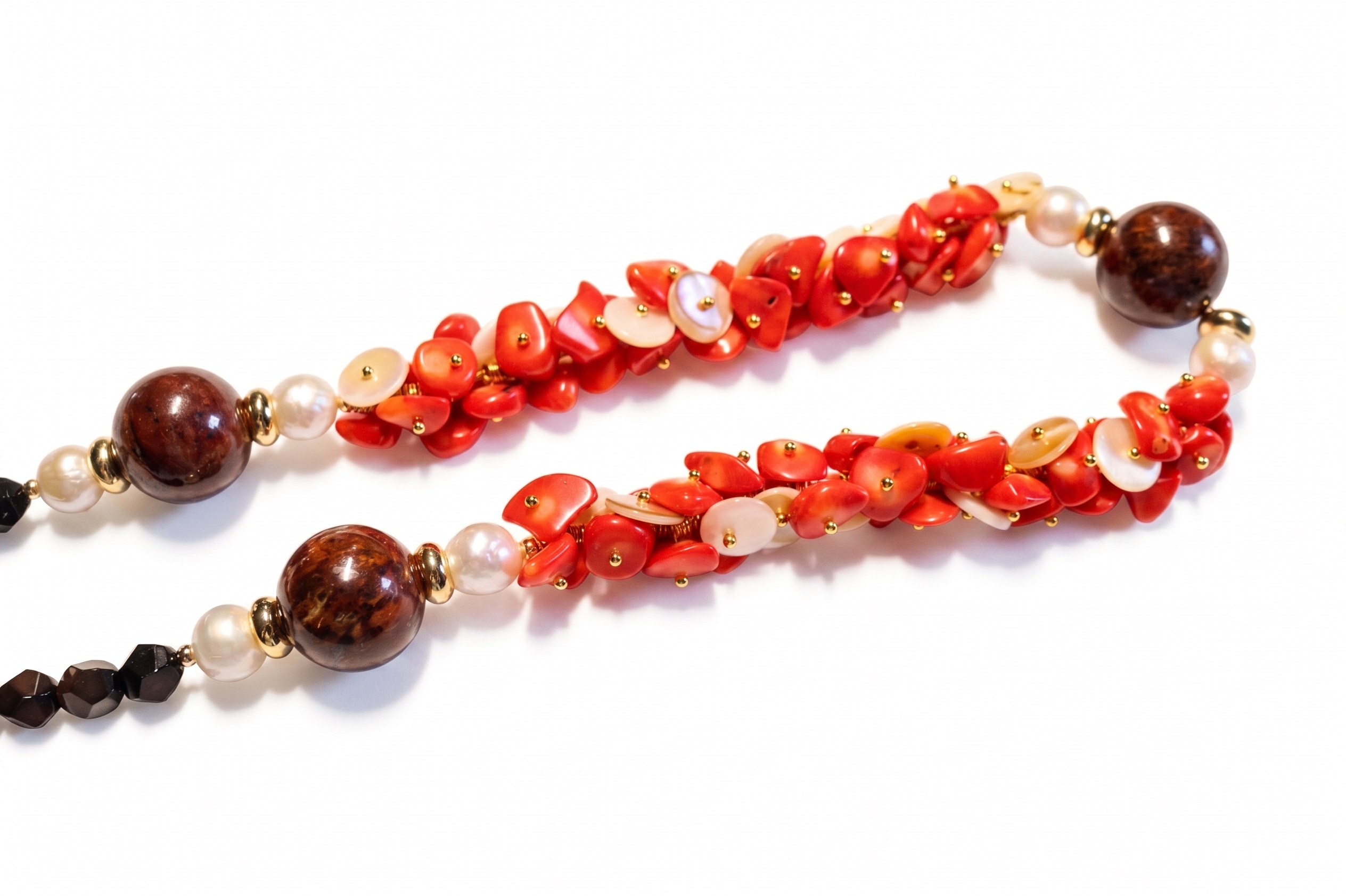 Coral & Pearl Beaded Necklace with Wood Accents — image 2