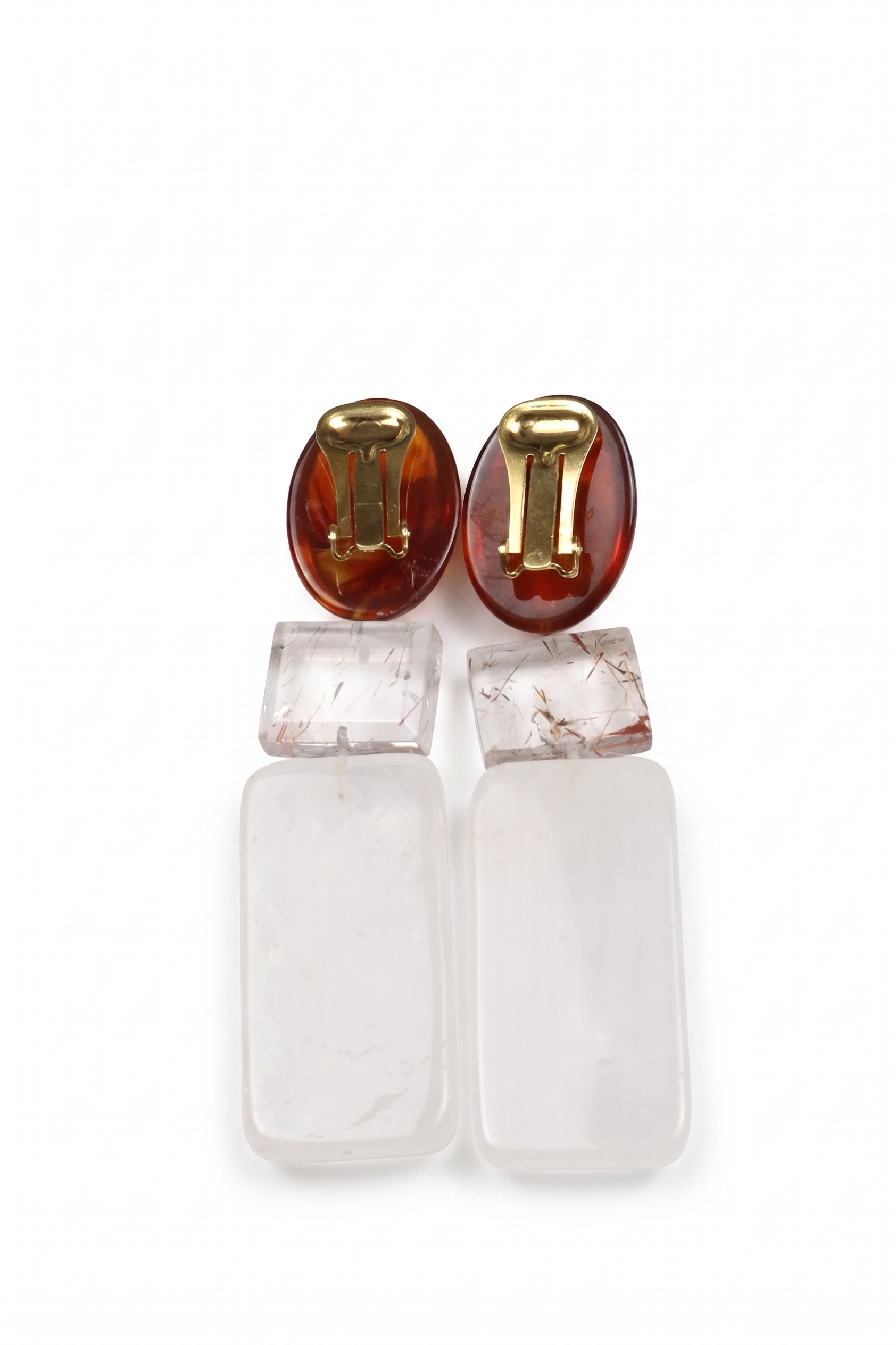 Geometric Rutilated Quartz and Caramel Amber Resin Multi-Layered Drop Earrings — image 2