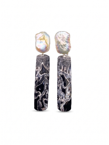 Baroque Pearl & Black Palm Root Agatized Fossil Earrings
