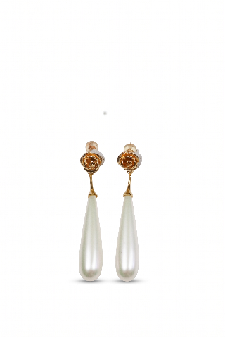Rose of San Martin — Vintage Gold Rose and Elongated Faux Teardrop Pearl Linear Earrings