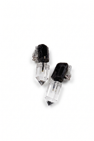 Raw Black Tourmaline & Clear Quartz Obelisk Dangle Earrings alternate view