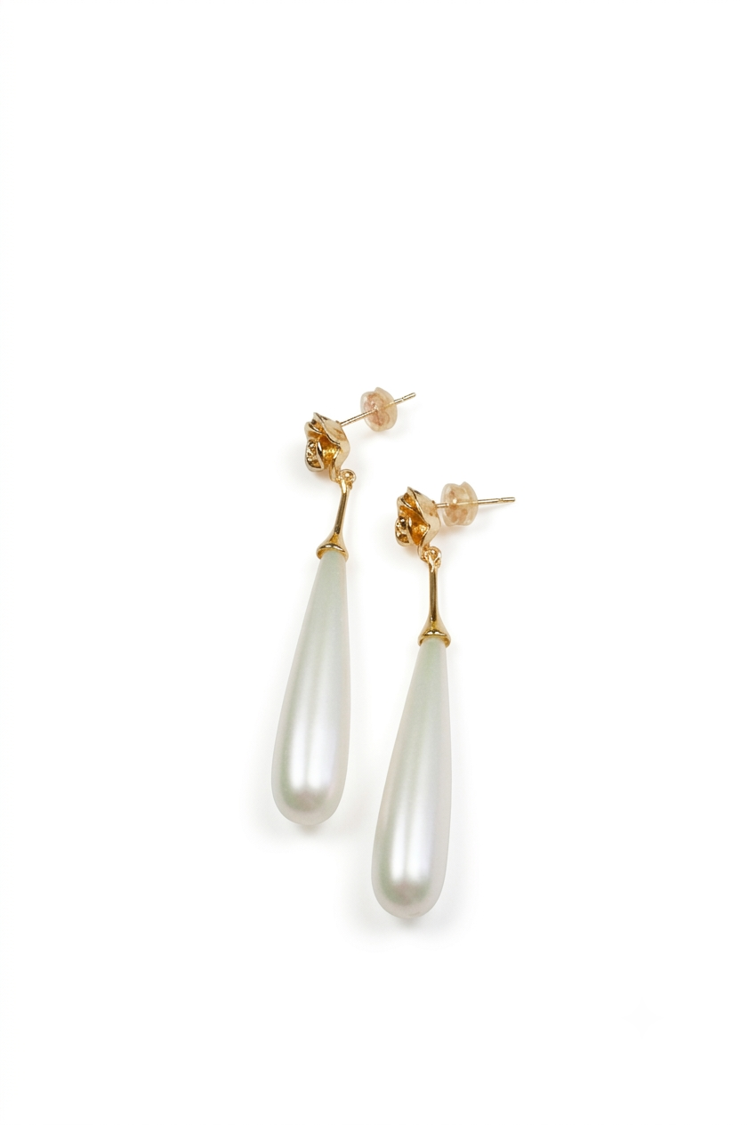 Rose of San Martin — Vintage Gold Rose and Elongated Faux Teardrop Pearl Linear Earrings — image 2