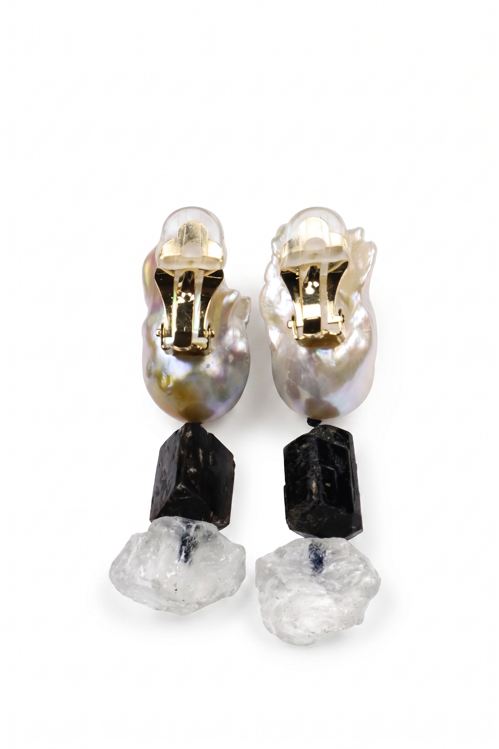 Baroque Pearl Black Tourmaline Raw Rainbow Moonstone Drop Earrings — image 2