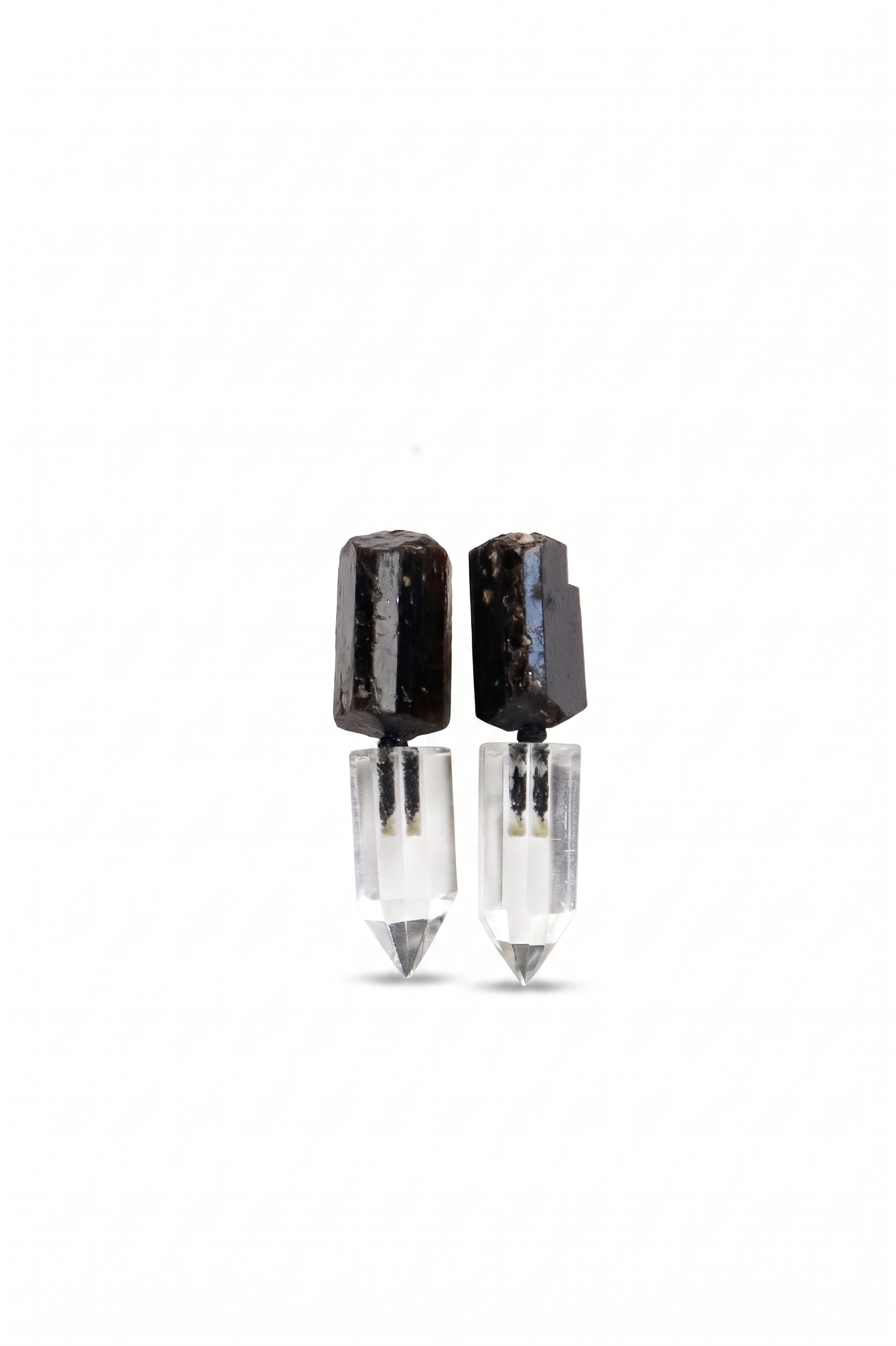 Raw Black Tourmaline & Clear Quartz Obelisk Dangle Earrings