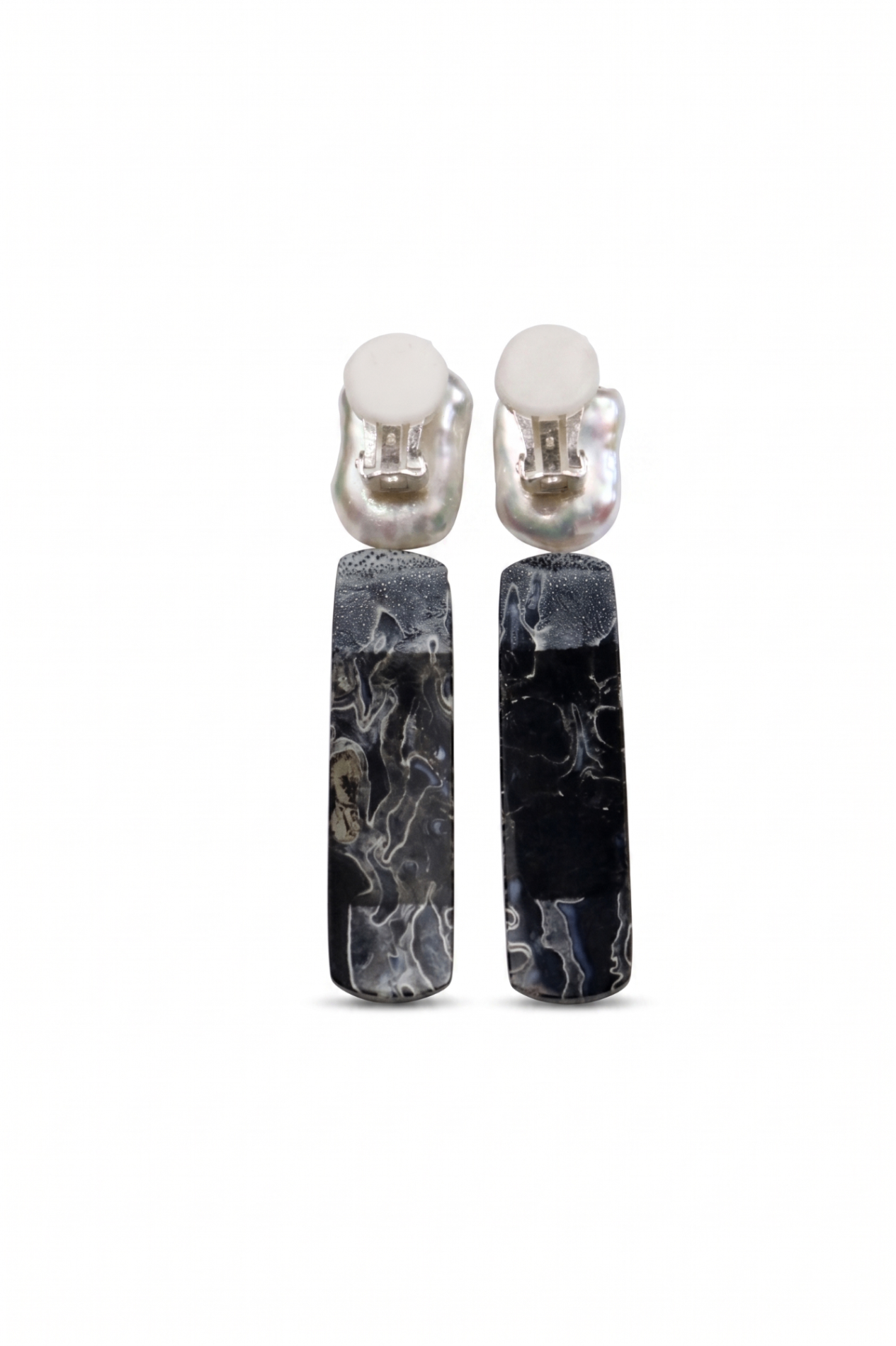 Baroque Pearl & Black Palm Root Agatized Fossil Earrings — image 2
