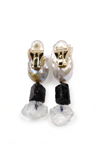 Baroque Pearl Black Tourmaline Raw Rainbow Moonstone Drop Earrings alternate view