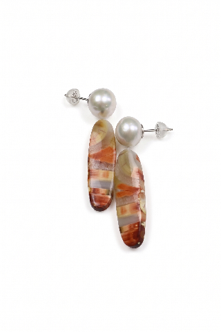 Freshwater Pearl& Orange Agatized Fossil Wood Elongated Oval Earrings — image 3