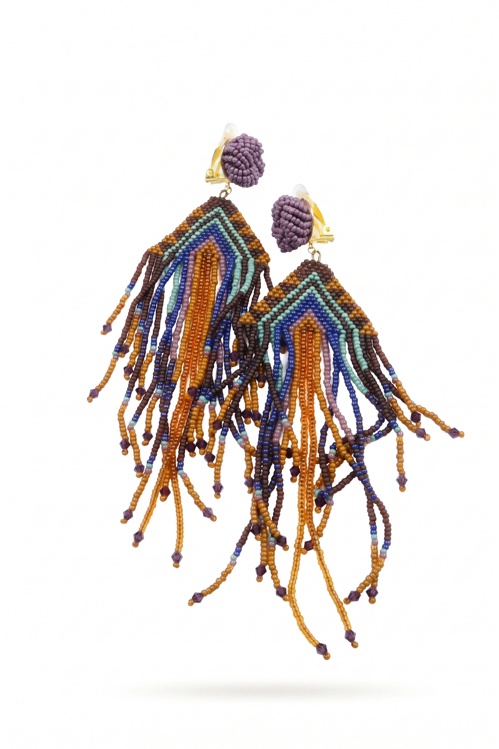 Desert Cascade — Native American Style Hand-Woven Seed Bead Fringe Clip-on Earrings — image 3