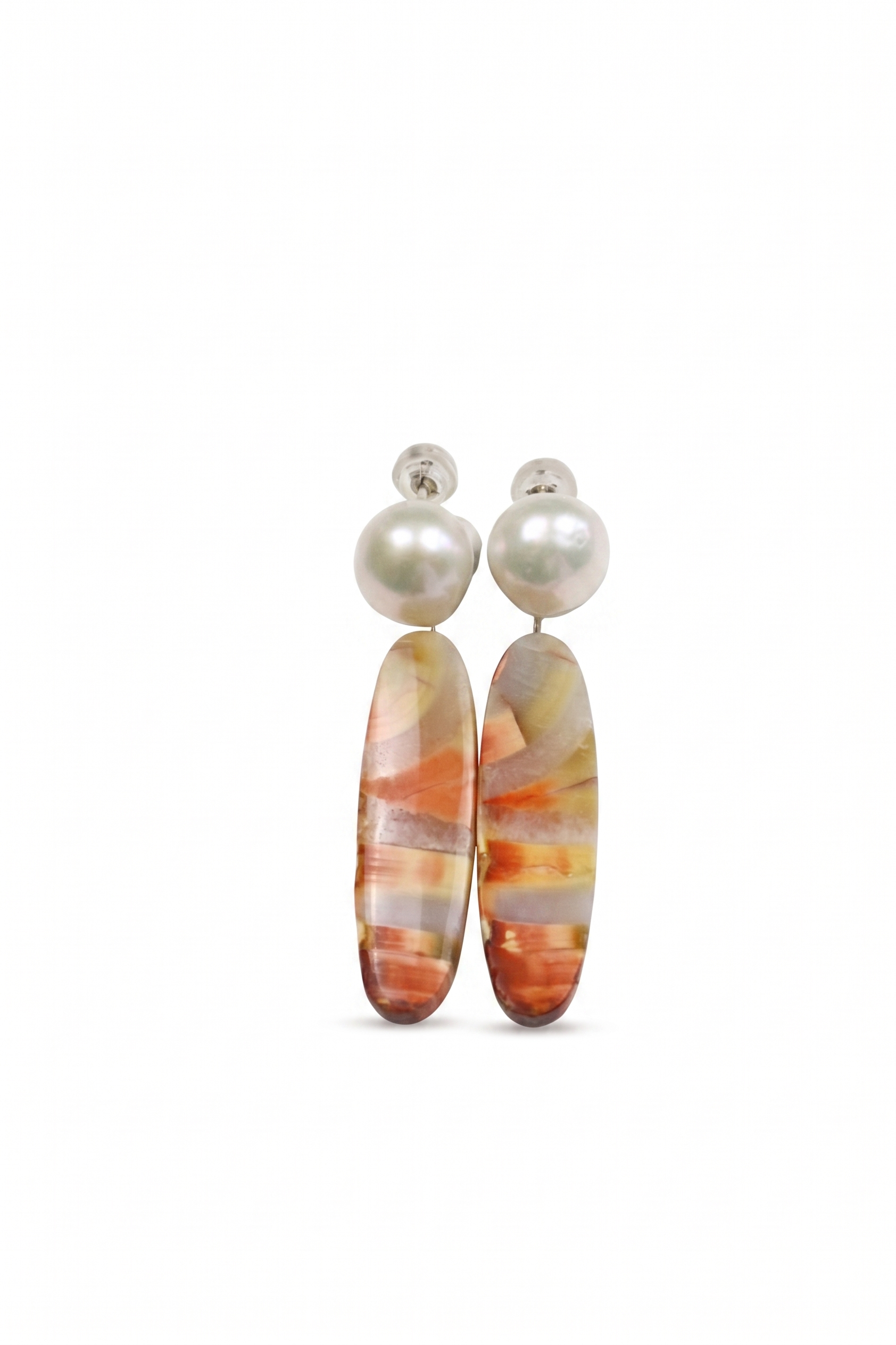 Freshwater Pearl& Orange Agatized Fossil Wood Elongated Oval Earrings — image 1