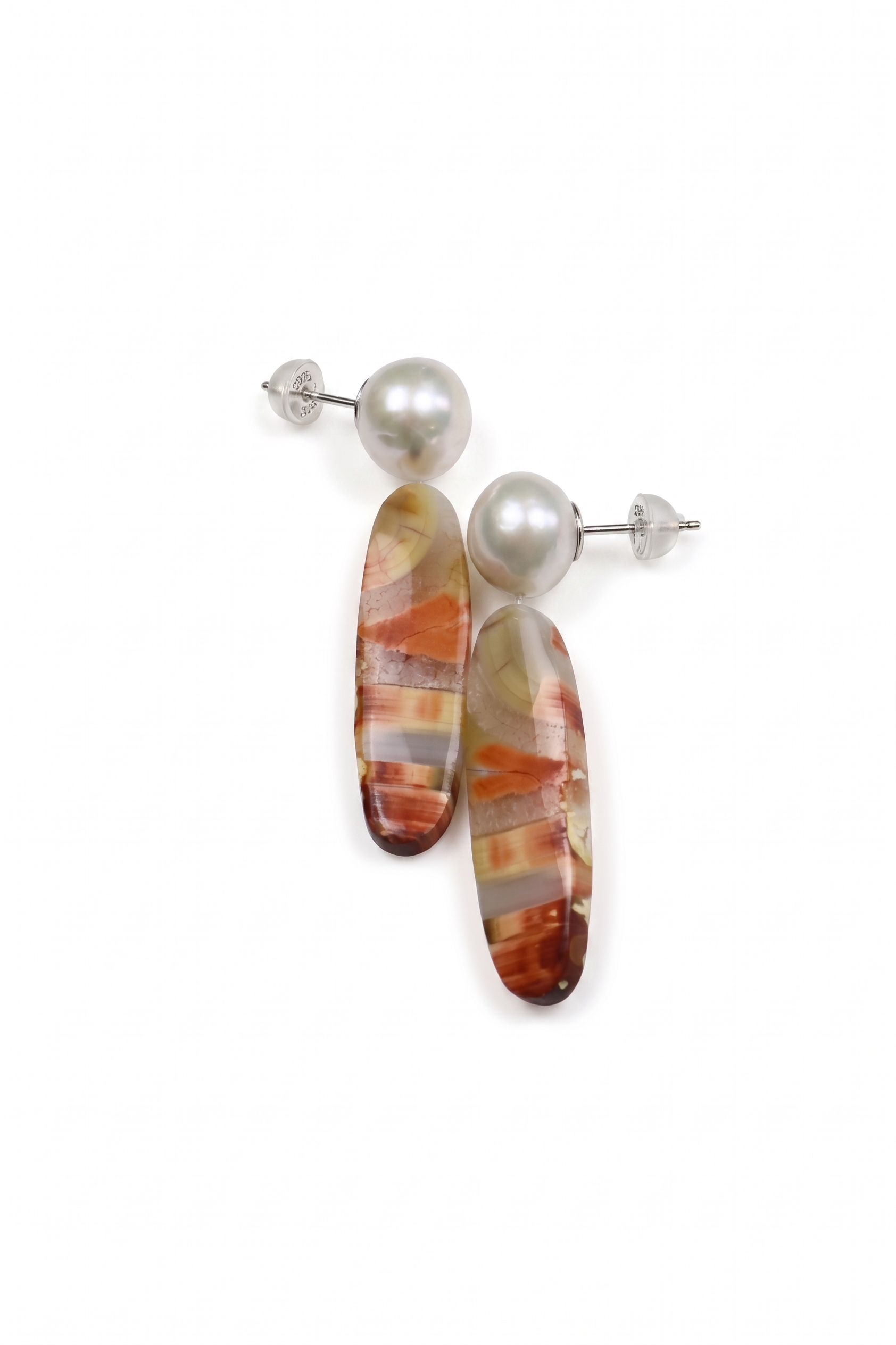 Freshwater Pearl& Orange Agatized Fossil Wood Elongated Oval Earrings — image 3