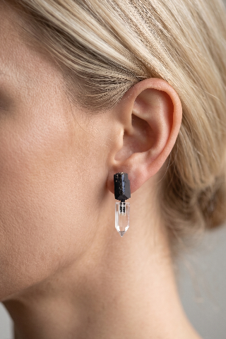 Raw Black Tourmaline & Clear Quartz Obelisk Dangle Earrings — image 5