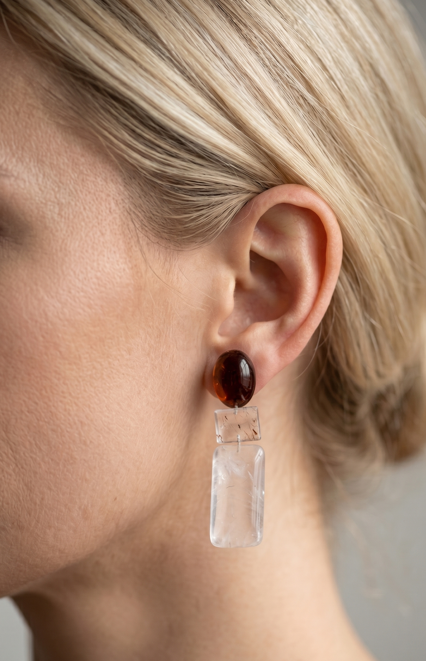 Geometric Rutilated Quartz and Caramel Amber Resin Multi-Layered Drop Earrings — image 3