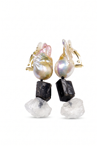 Baroque Pearl Black Tourmaline Raw Rainbow Moonstone Drop Earrings — image 3
