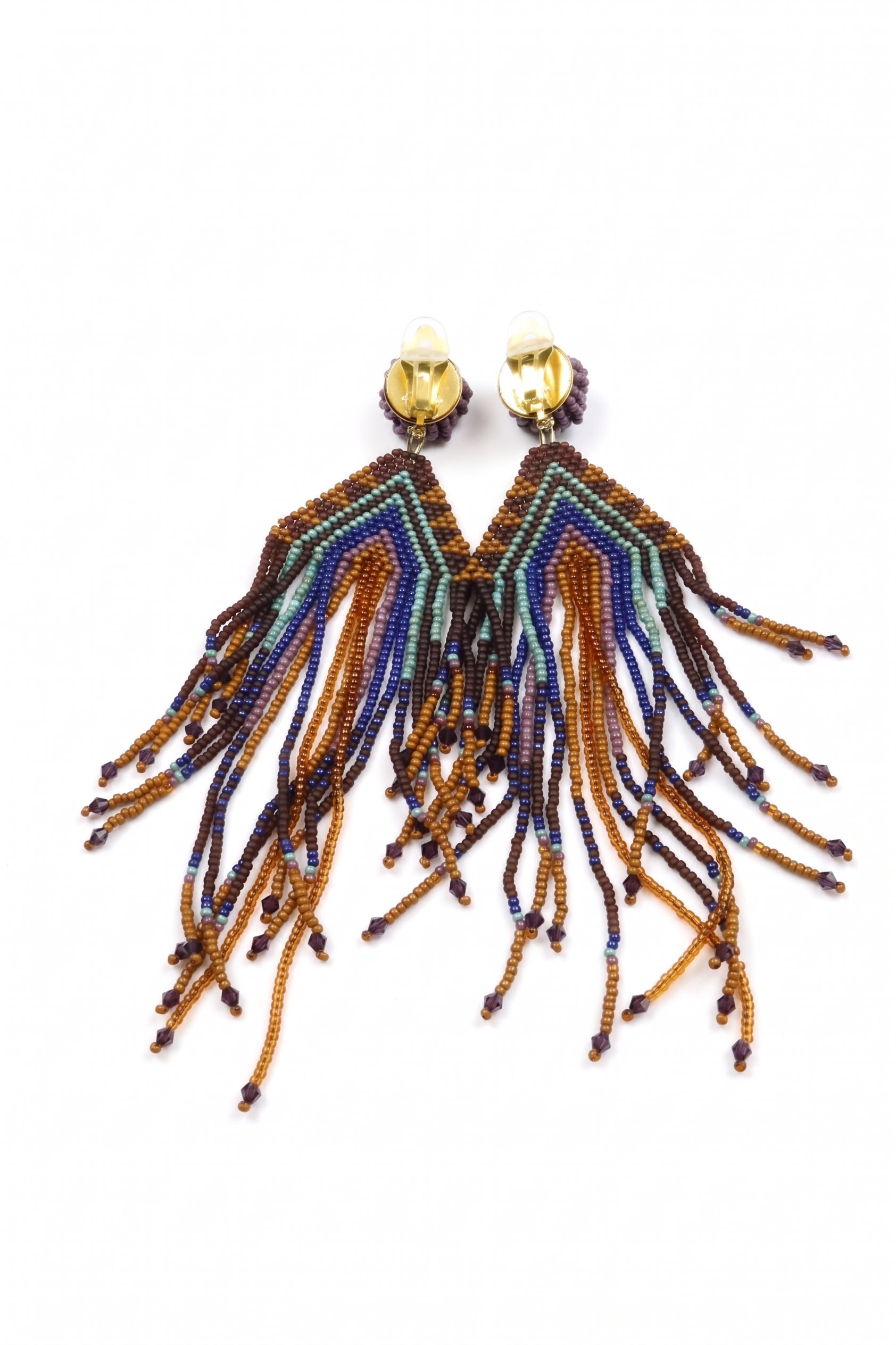 Desert Cascade — Native American Style Hand-Woven Seed Bead Fringe Clip-on Earrings — image 2
