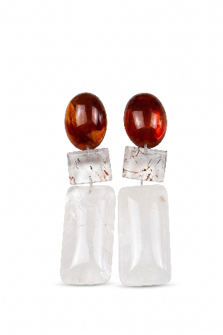 Geometric Rutilated Quartz and Caramel Amber Resin Multi-Layered Drop Earrings