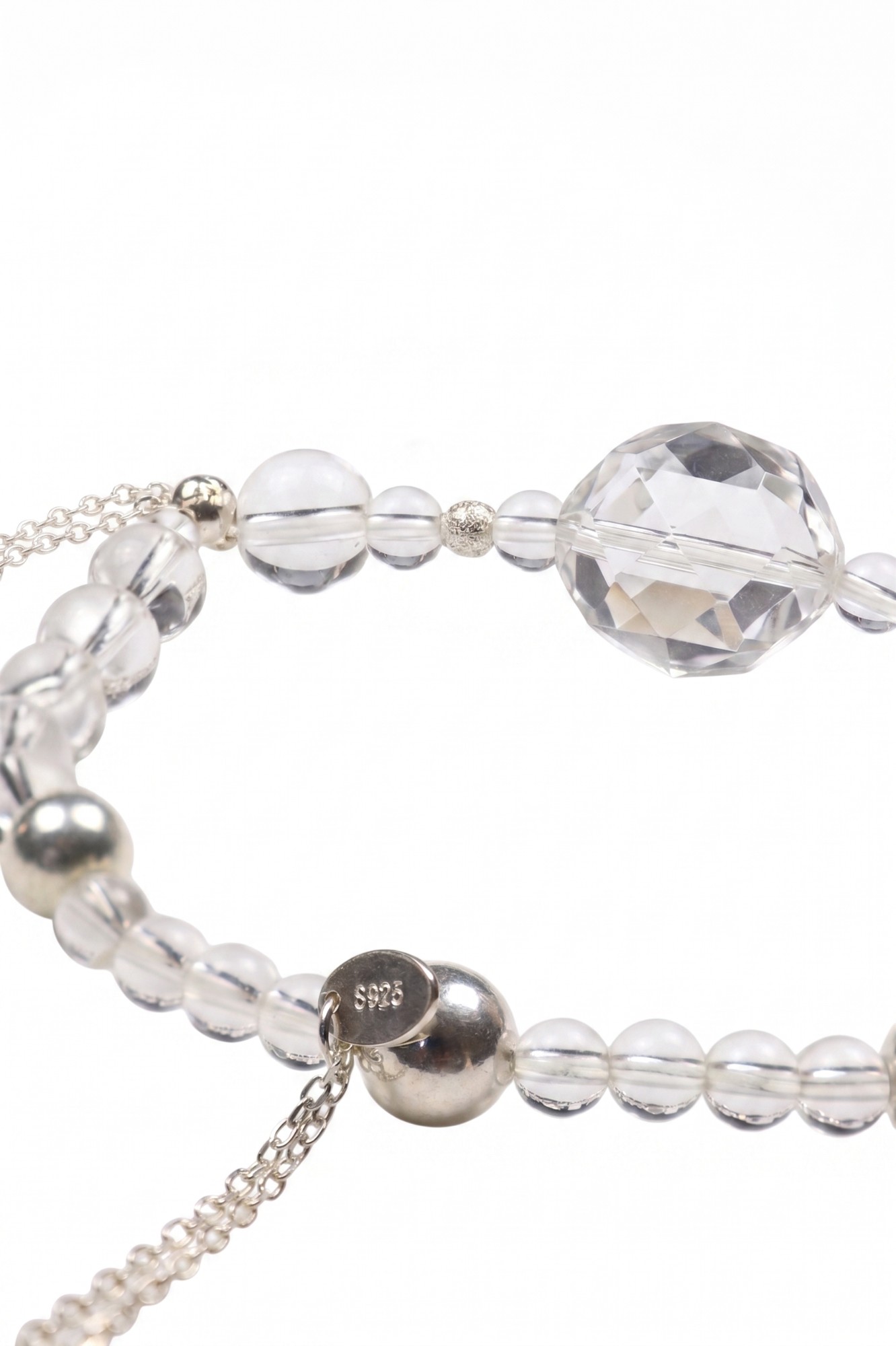 Clear Bead & Silver Tone Adjustable Bracelet with Faceted Ch — image 3