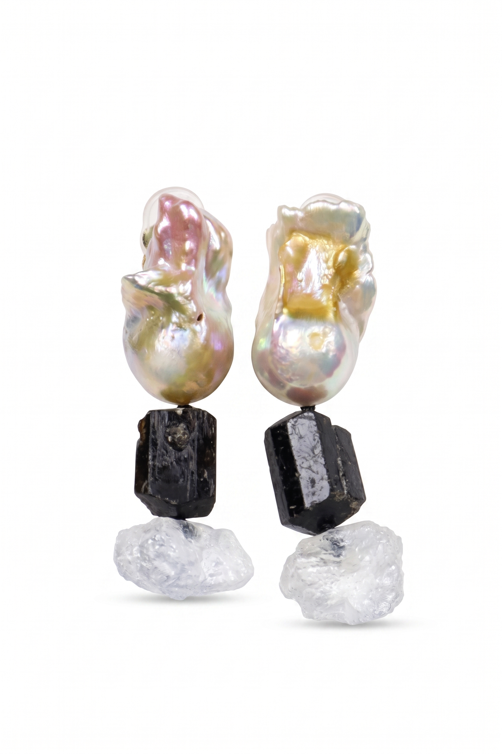 Baroque Pearl Black Tourmaline Raw Rainbow Moonstone Drop Earrings — image 1